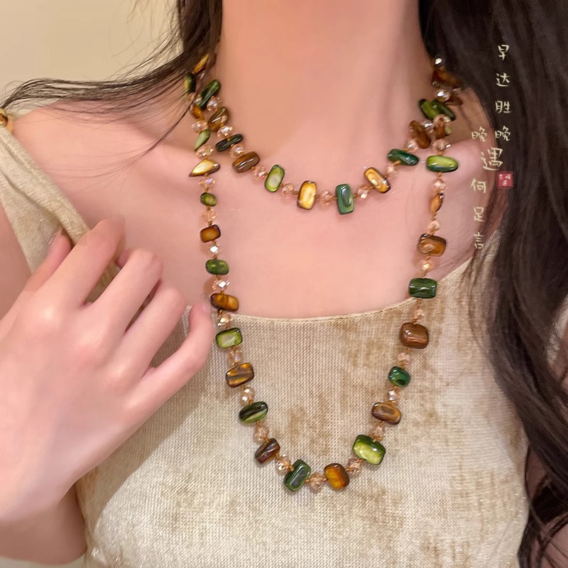 铜合金项链 波西米亚风绿色贝壳项链女款森系复古双层叠戴锁骨链
