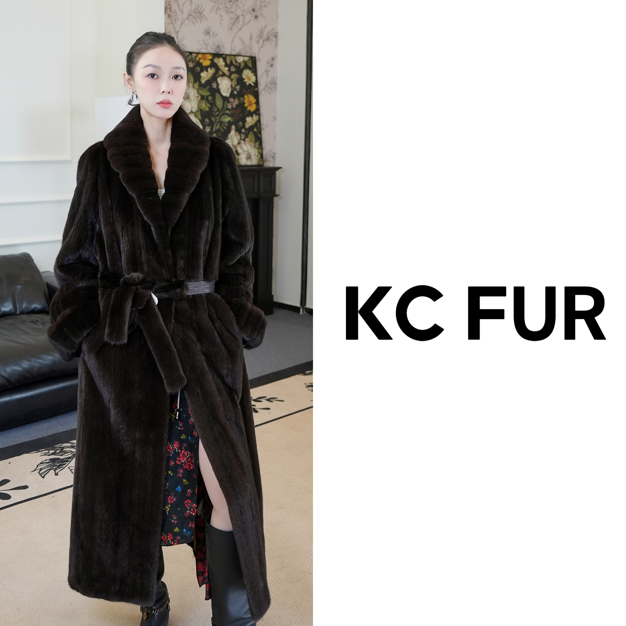 KC【天然皮草】马哈根青果领南瓜袖腰带长款全抽刀水貂120cm5F55139