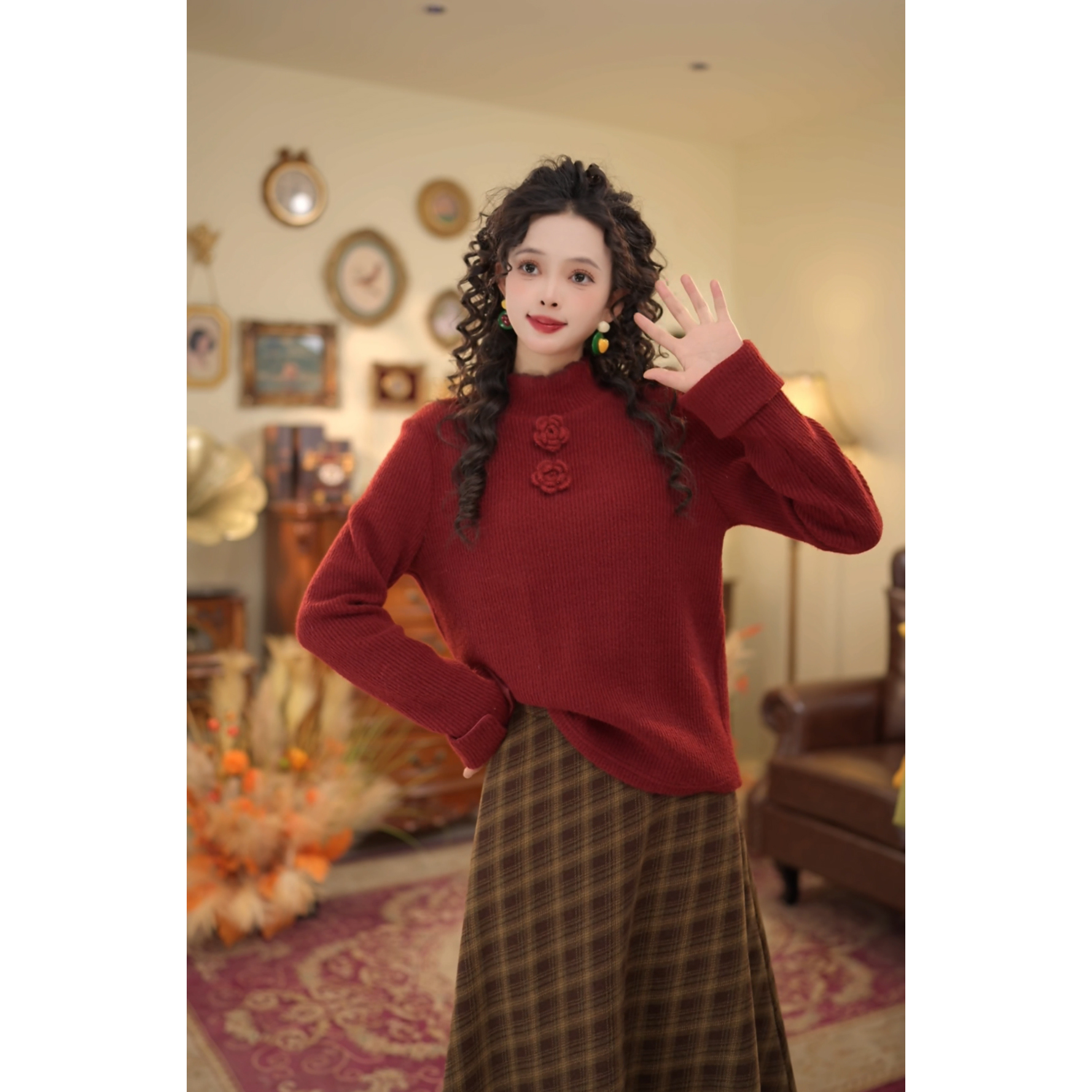 扣子家【快乐女孩】港风复古半高领纯色针织衫冬厚款毛衣KK0726518