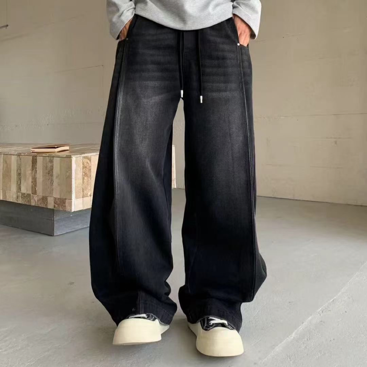 直筒裤水洗拼接无弹力长裤牛仔裤百搭韩版裤子直筒