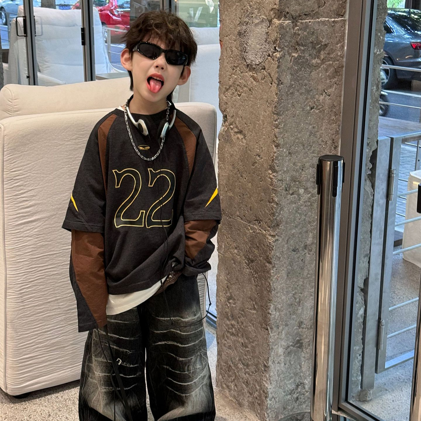 2025秋季新款儿童街头美式休闲T恤男童时尚假两件长袖打底衫