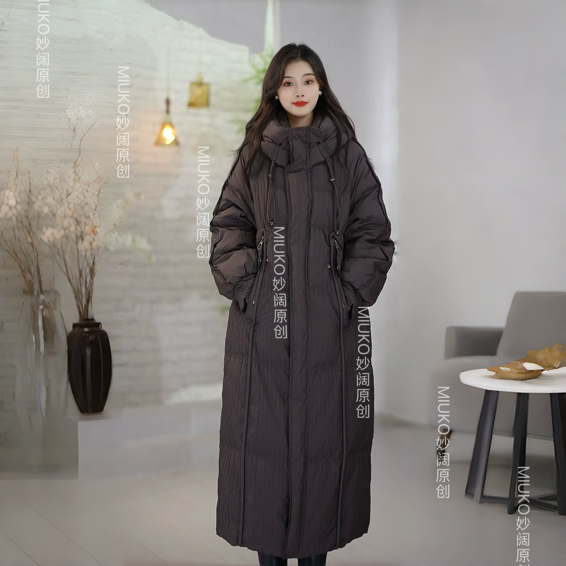 MK217#90白鸭绒羽绒服女冬季2025新款宽松长款连帽保暖长袖外套