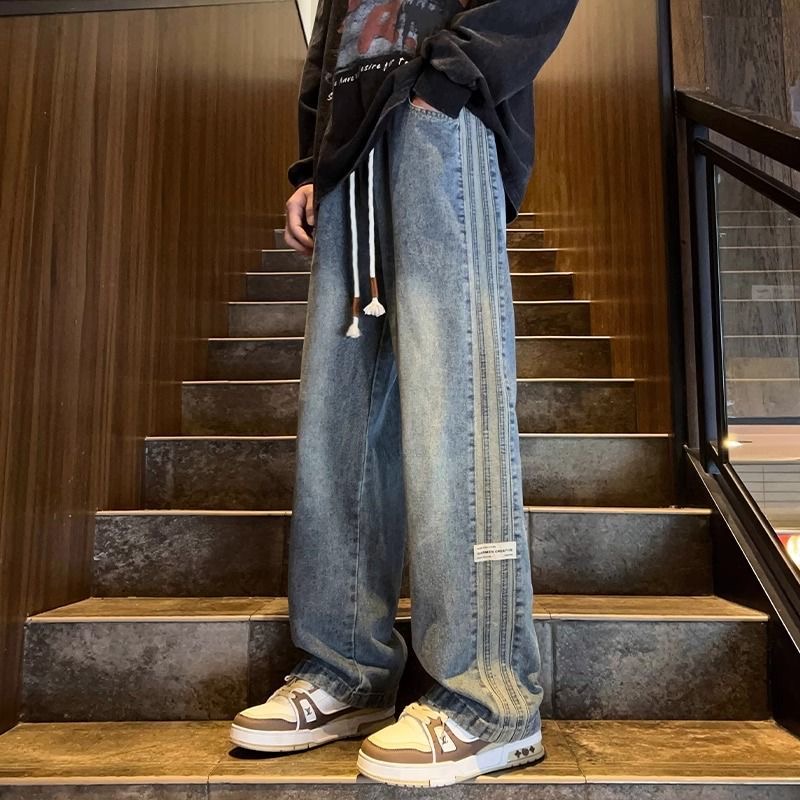男款直筒宽松美式高街牛仔裤潮流松紧腰款复古牛仔裤美式休闲裤