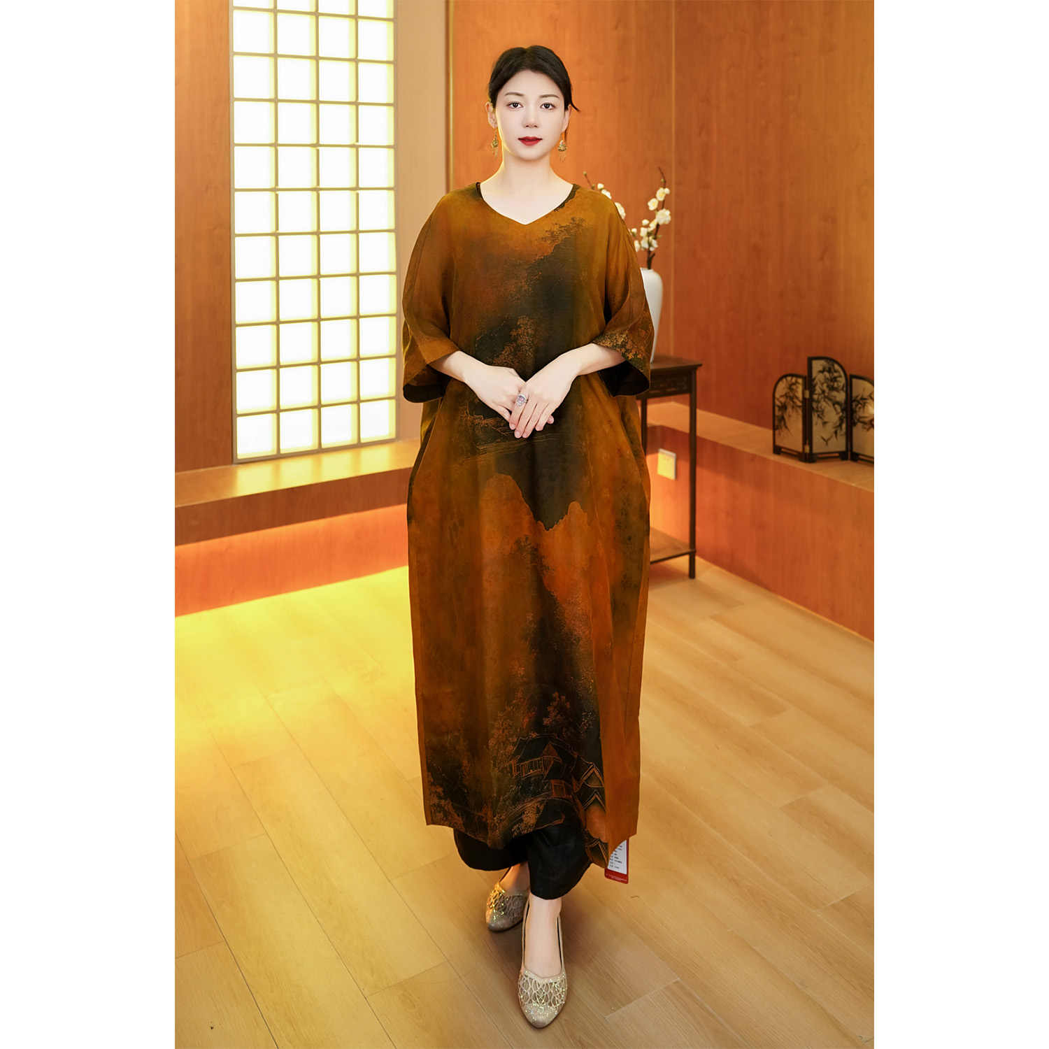 新款100%桑蚕丝浪淘沙香云纱夏季花罗连衣裙