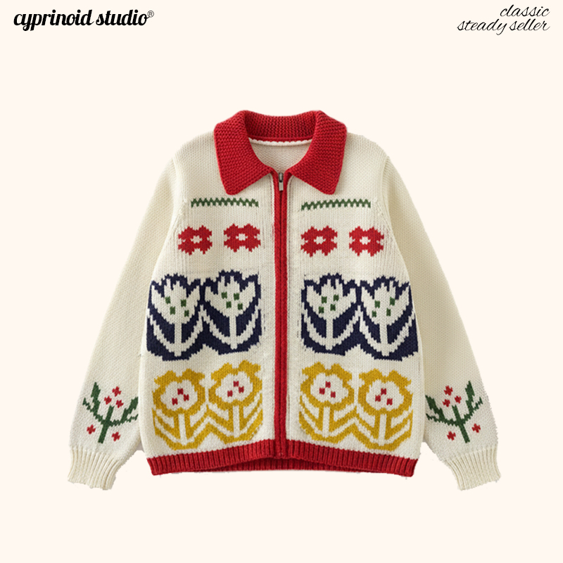 Cyprinoid「拼色童话」复古花卉刺绣宽松休闲针织开衫女小众百搭