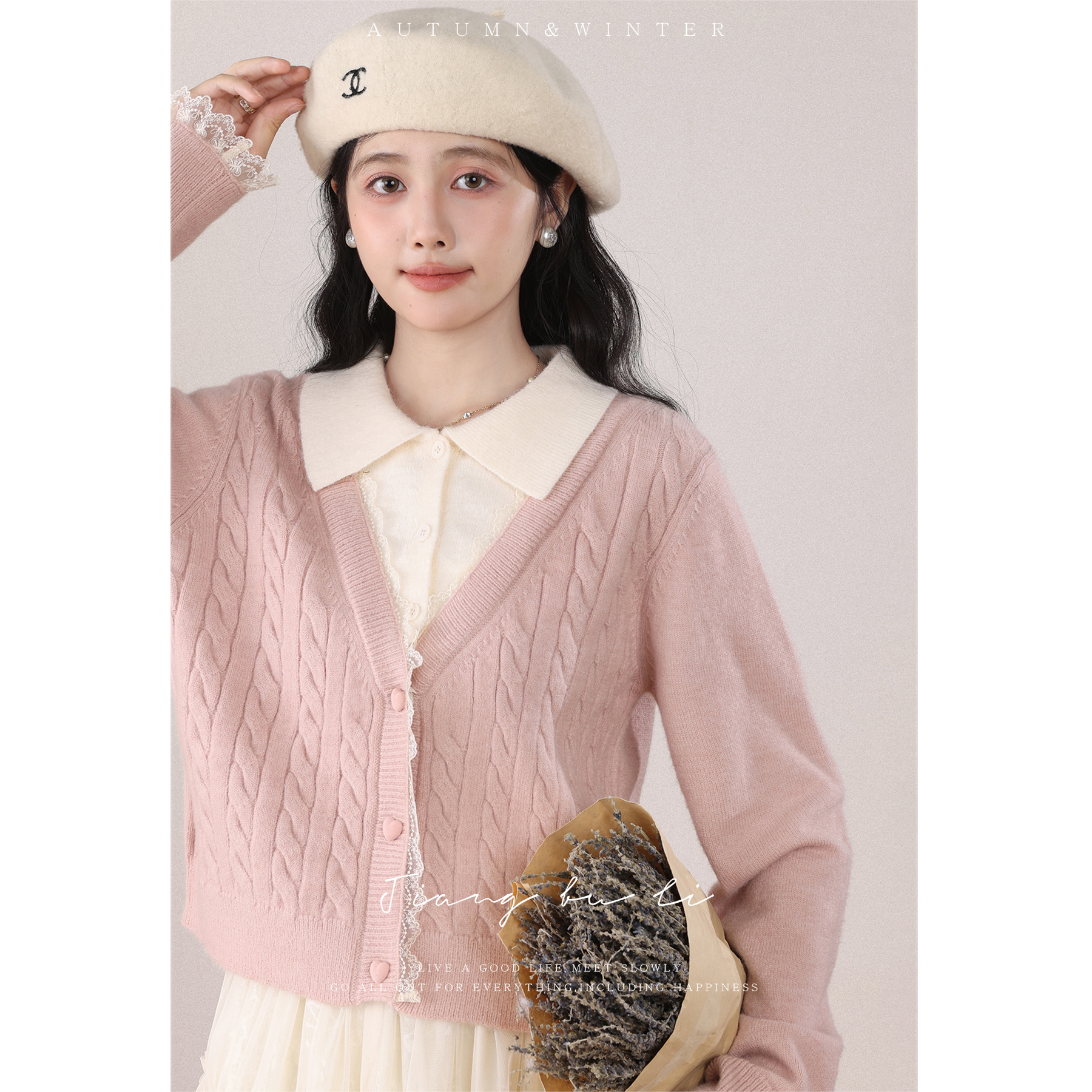 现货【品牌撤柜款ZB】复古肩袖冬季套头女百搭长袖毛针织衫J11252