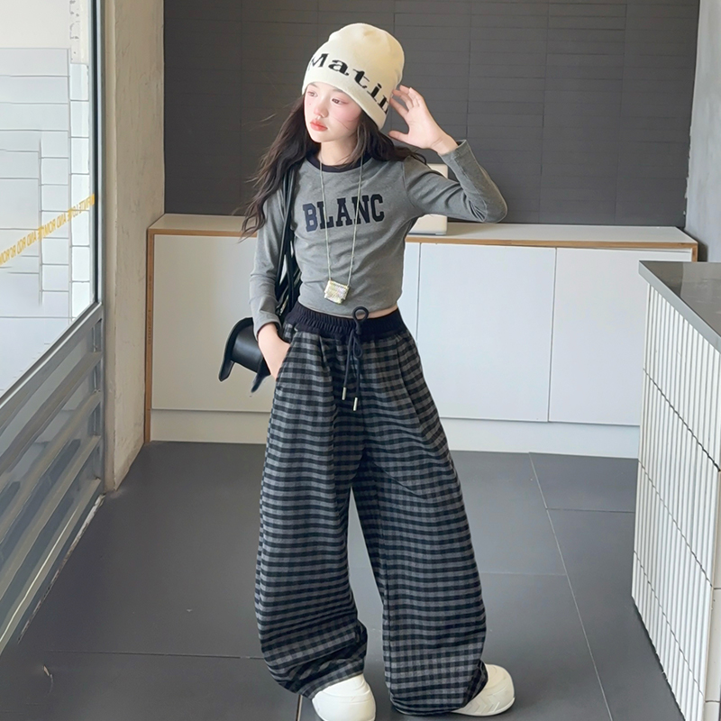 女童秋款套装2025新款儿童长袖T恤格子裤休闲两件套中大童秋装潮