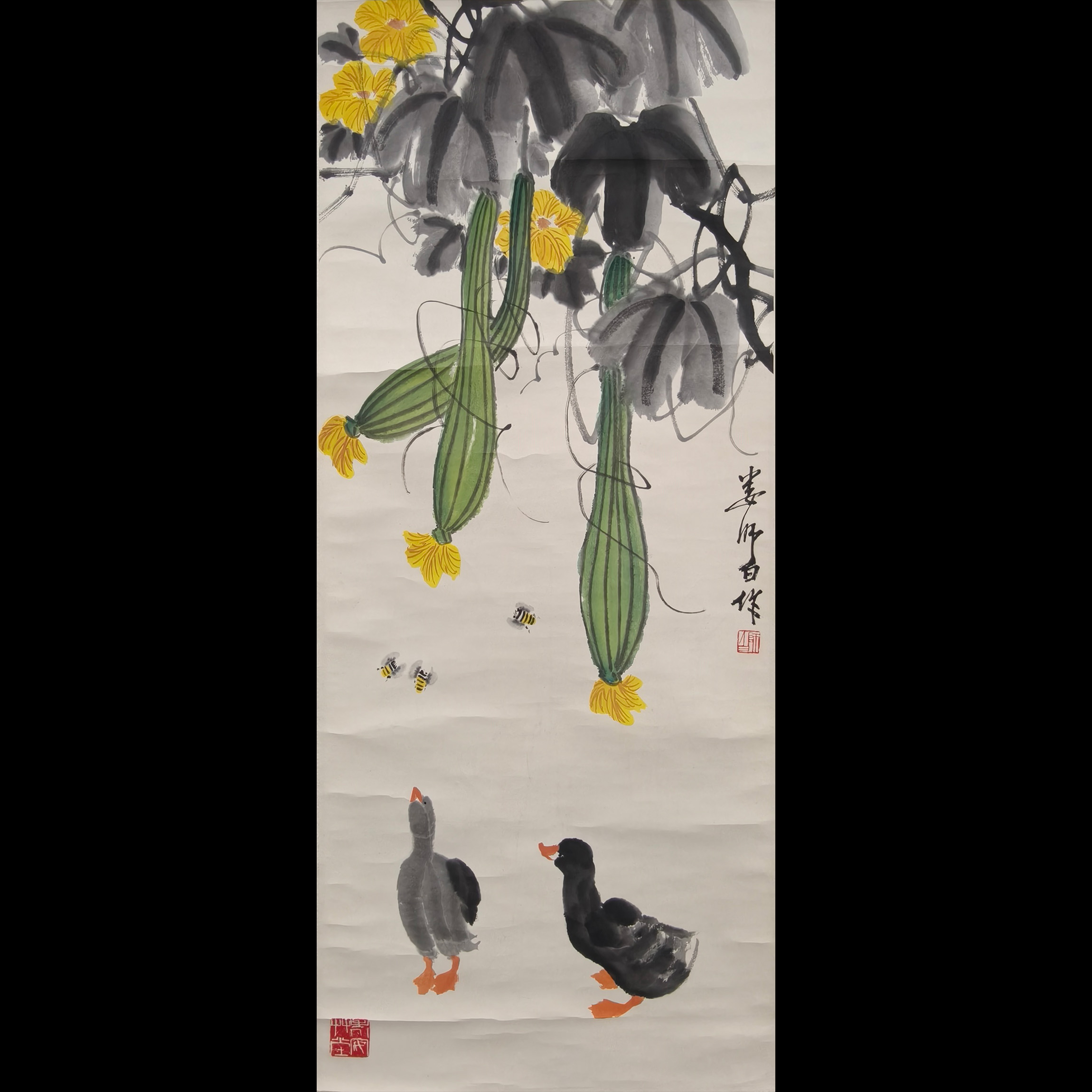 Lot1382   《丝瓜鸭》立轴 98*42cm  约3.7尺