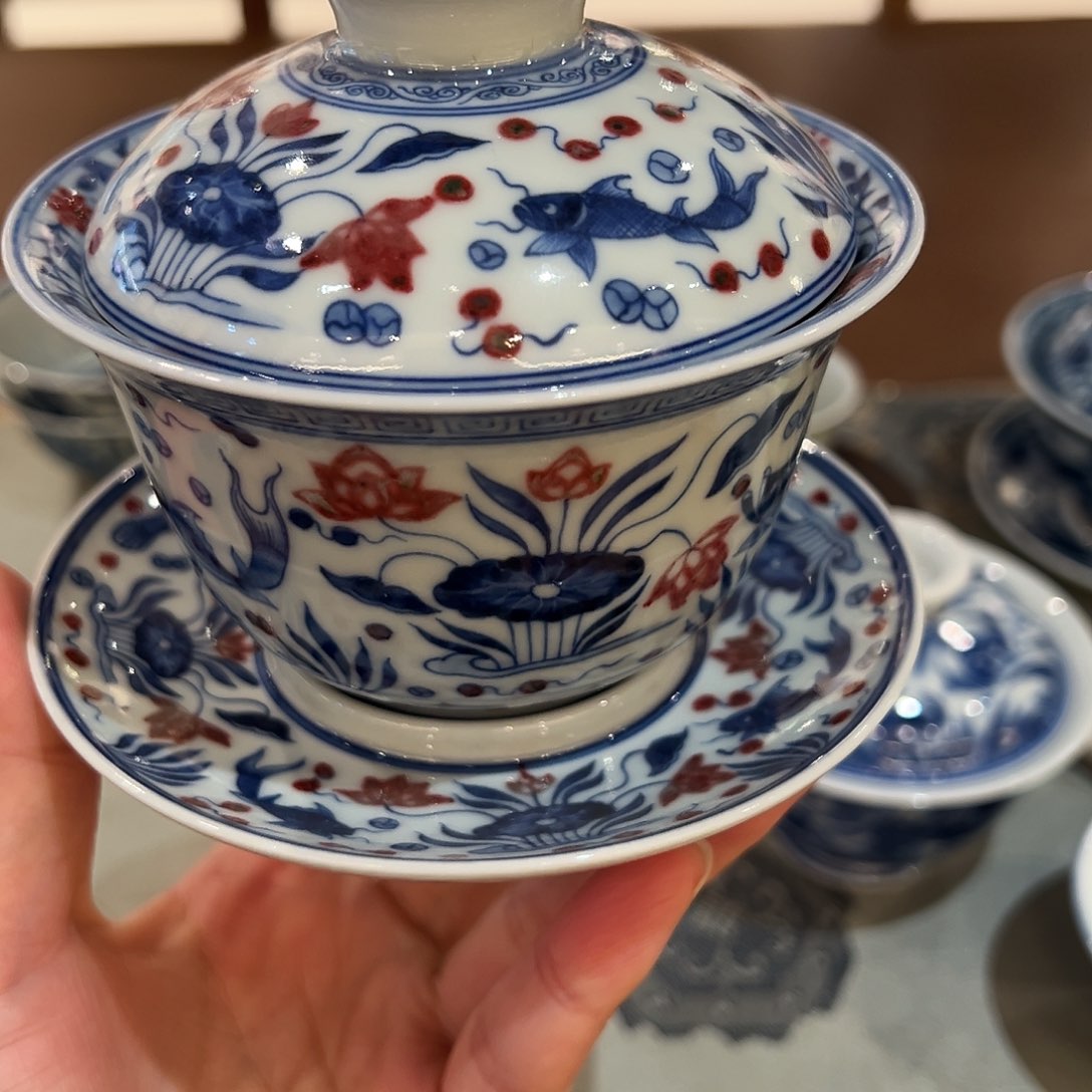 臻玉古坊三才盖碗釉里红