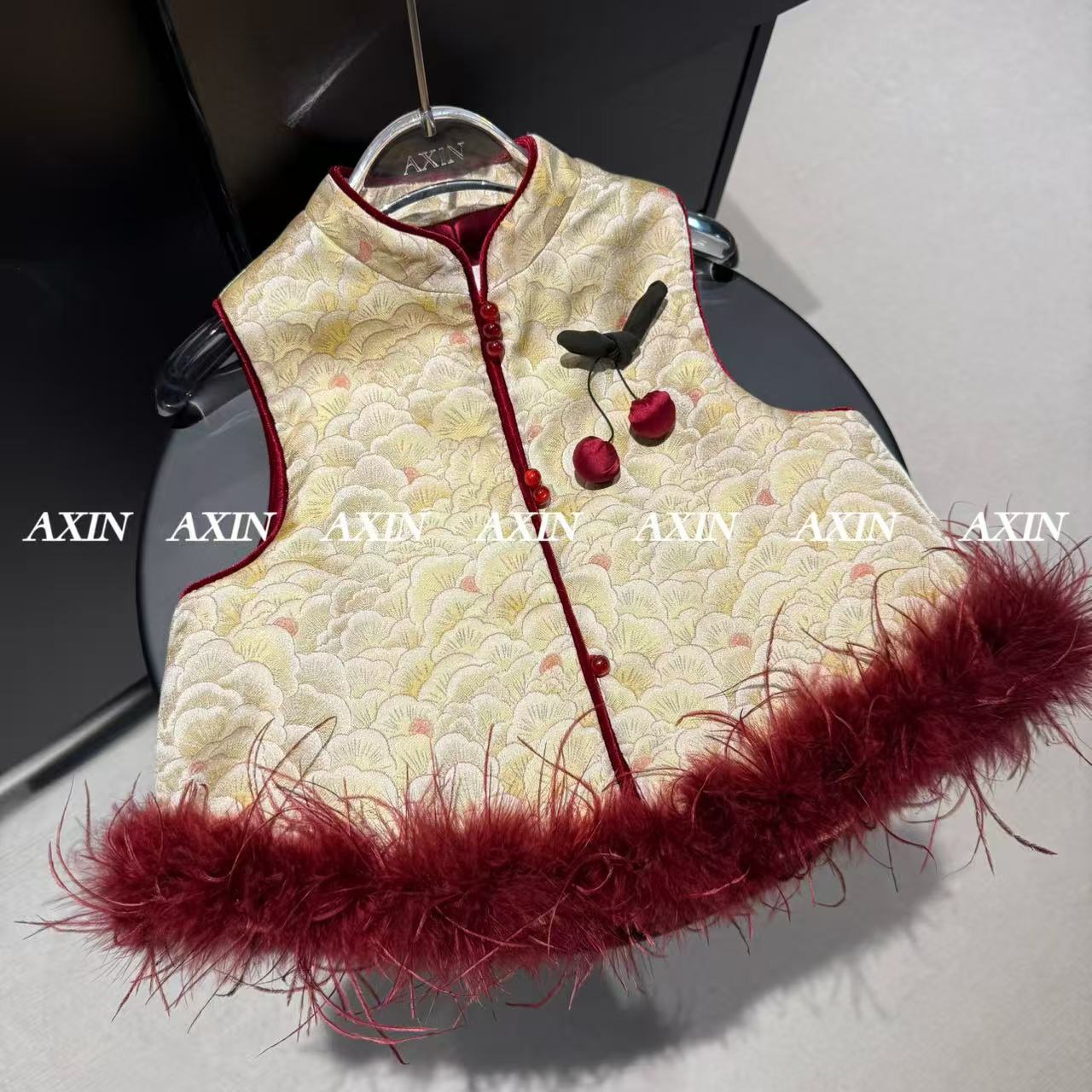 （银杏叶纹）AXIN【车厘子】原创传统纹样新中式夹棉马甲女童亲子