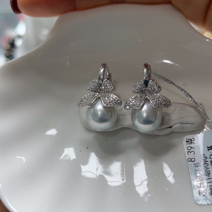 海水珍珠耳饰银S925镶嵌11-12mm
