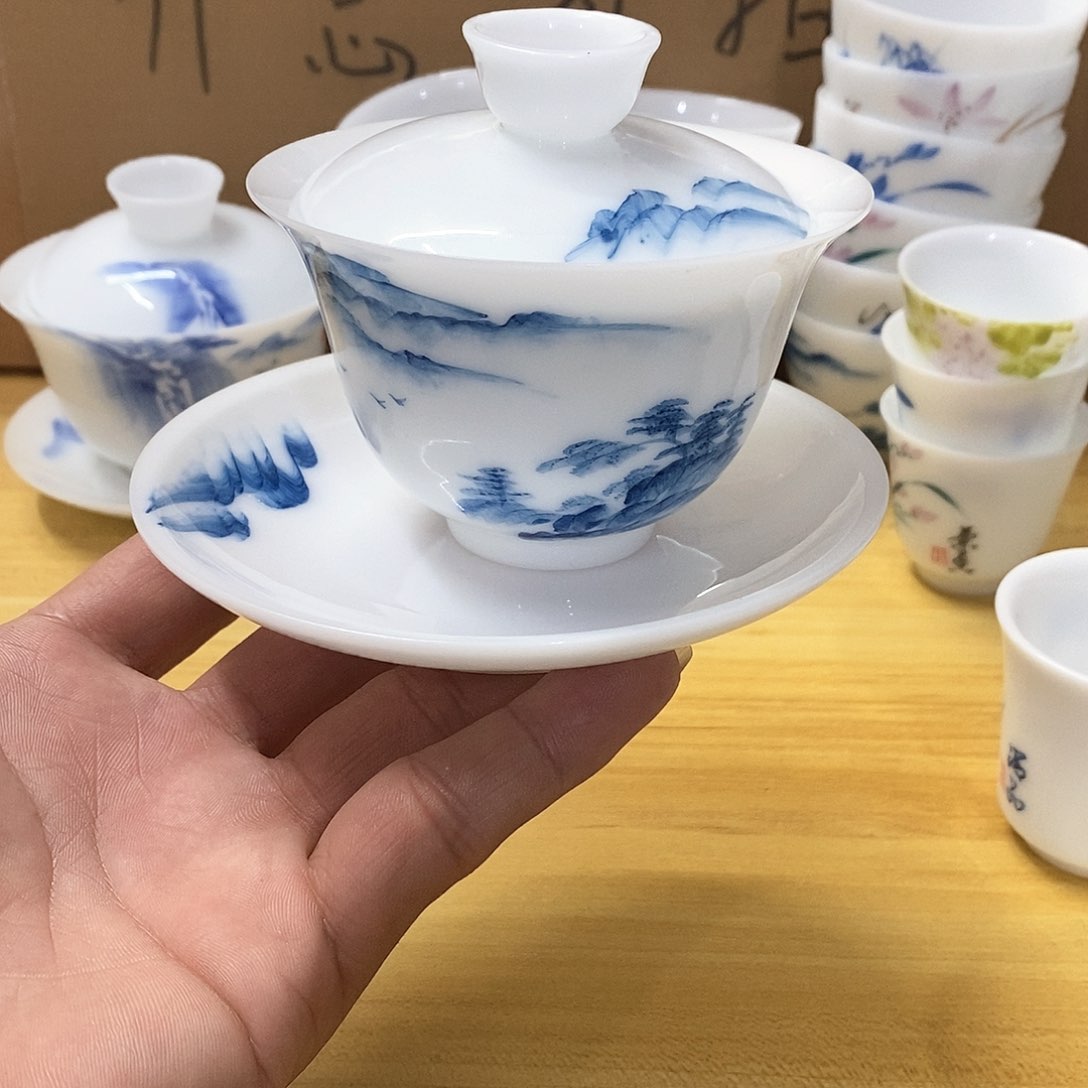 冰种玉瓷手绘盖碗（瑕）140