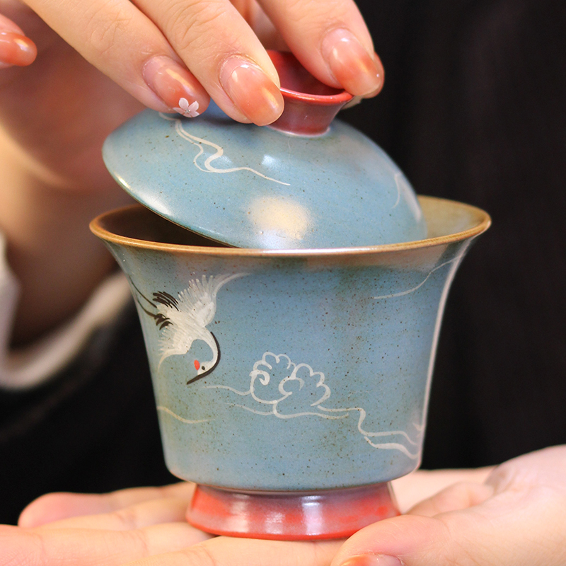 手绘仙鹤二才盖碗陶瓷色釉复古手工泡茶碗茶道茶器瓷盖碗中式喝茶