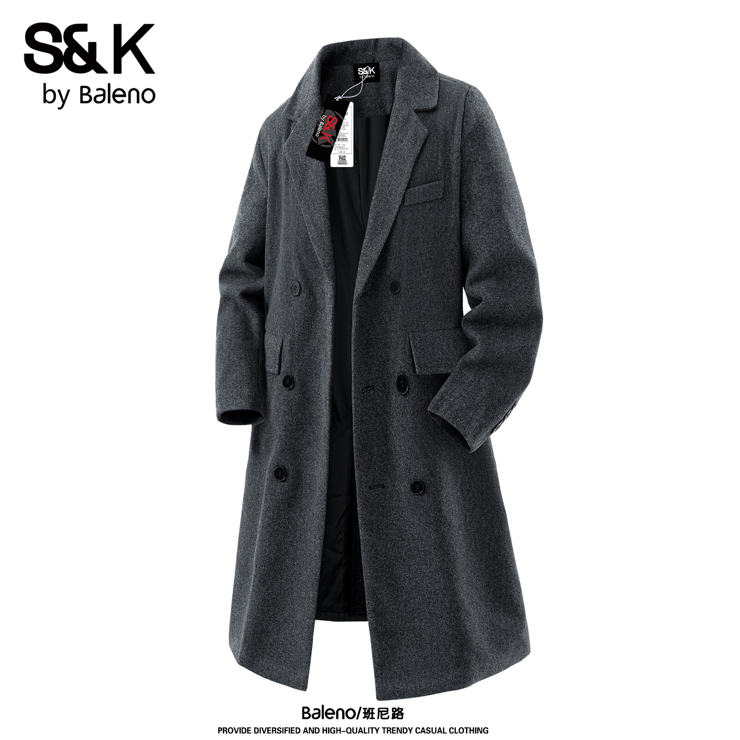 Baleno/班尼路高级感羊毛呢大衣男士冬季保暖翻领宽松中长款外套