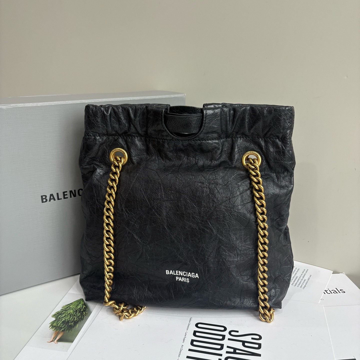 99新 Balenciaga/巴黎世家 CRUSH双链条哑光小牛皮垃圾袋小号