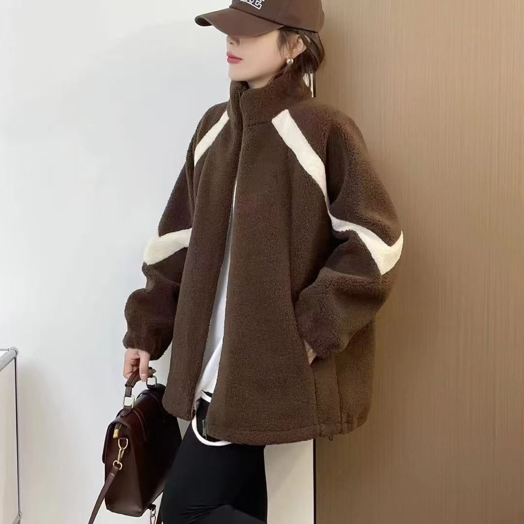 儿童加厚撞色拼接羊羔毛外套