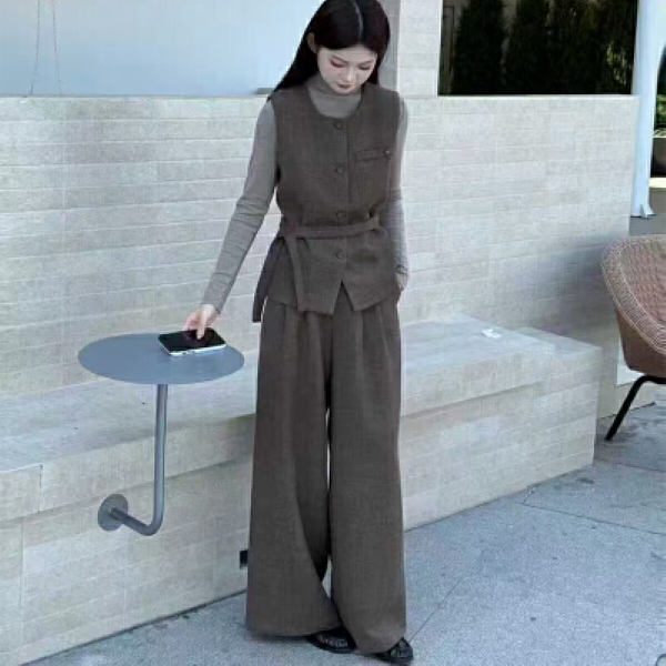 轻熟风秋季时尚马甲套装女宽松显瘦阔长裤秋冬