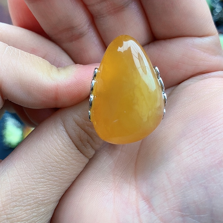 琥珀裸石银S925镶嵌戒指