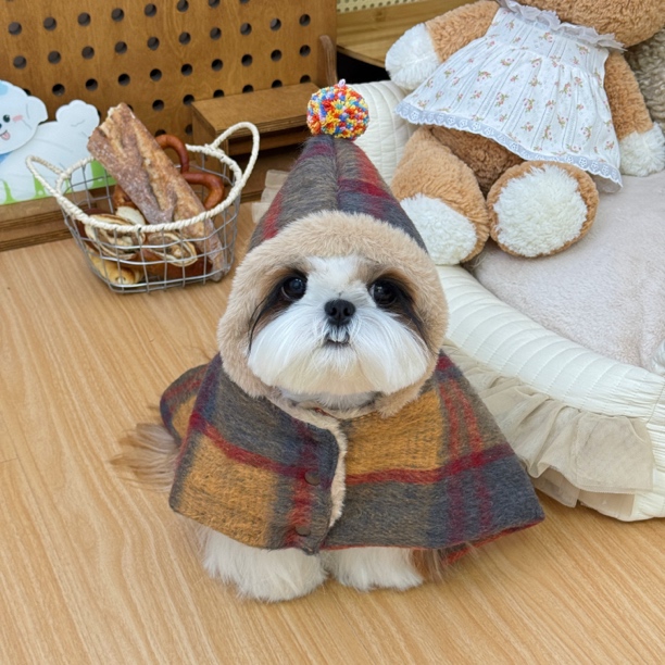 美拉德风格秋冬猫咪狗狗保暖毛绒格子宠物披风