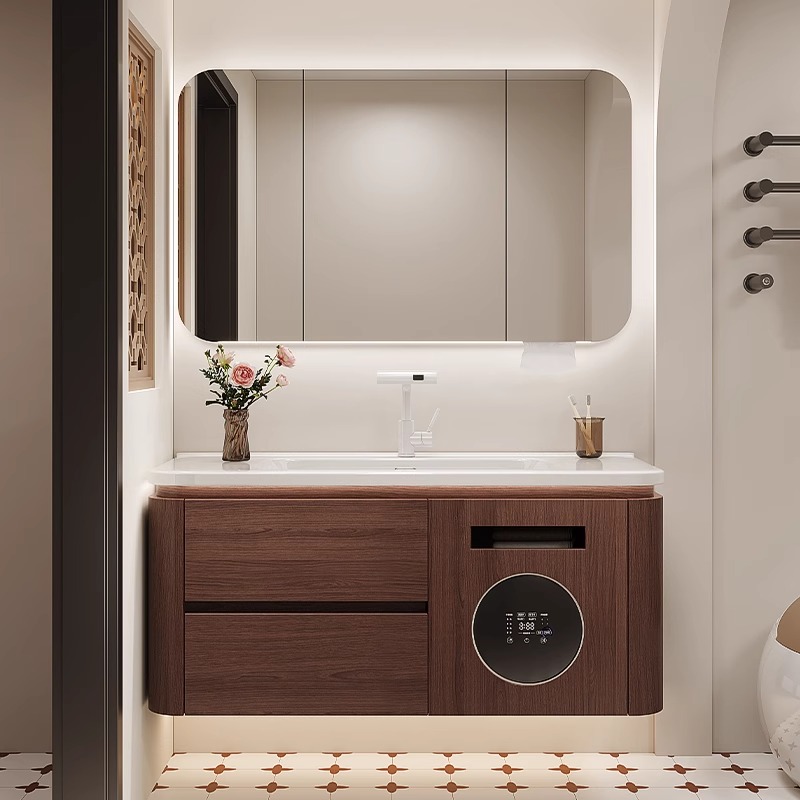 中古风胡桃木色带洗烘一体机浴室台盆洗手盆陶瓷一体盆组合洗手盆