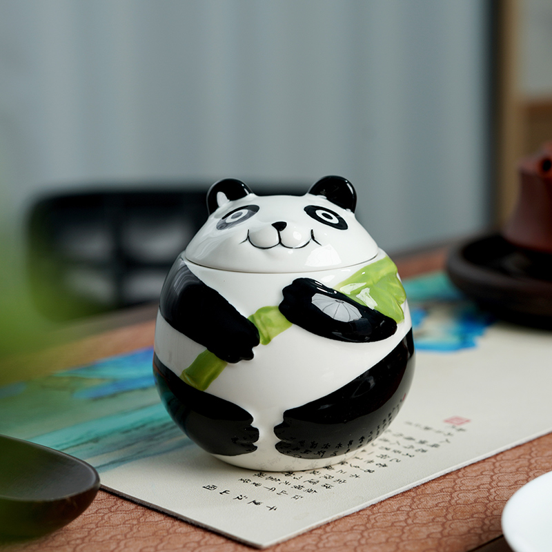 【旺】新款创意可爱熊猫茶叶罐陶刻绘