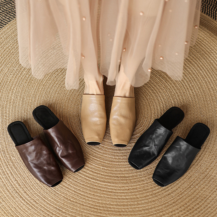 法式复古小众气质方头软底深口半拖低跟凉拖纯色舒适百搭包头拖