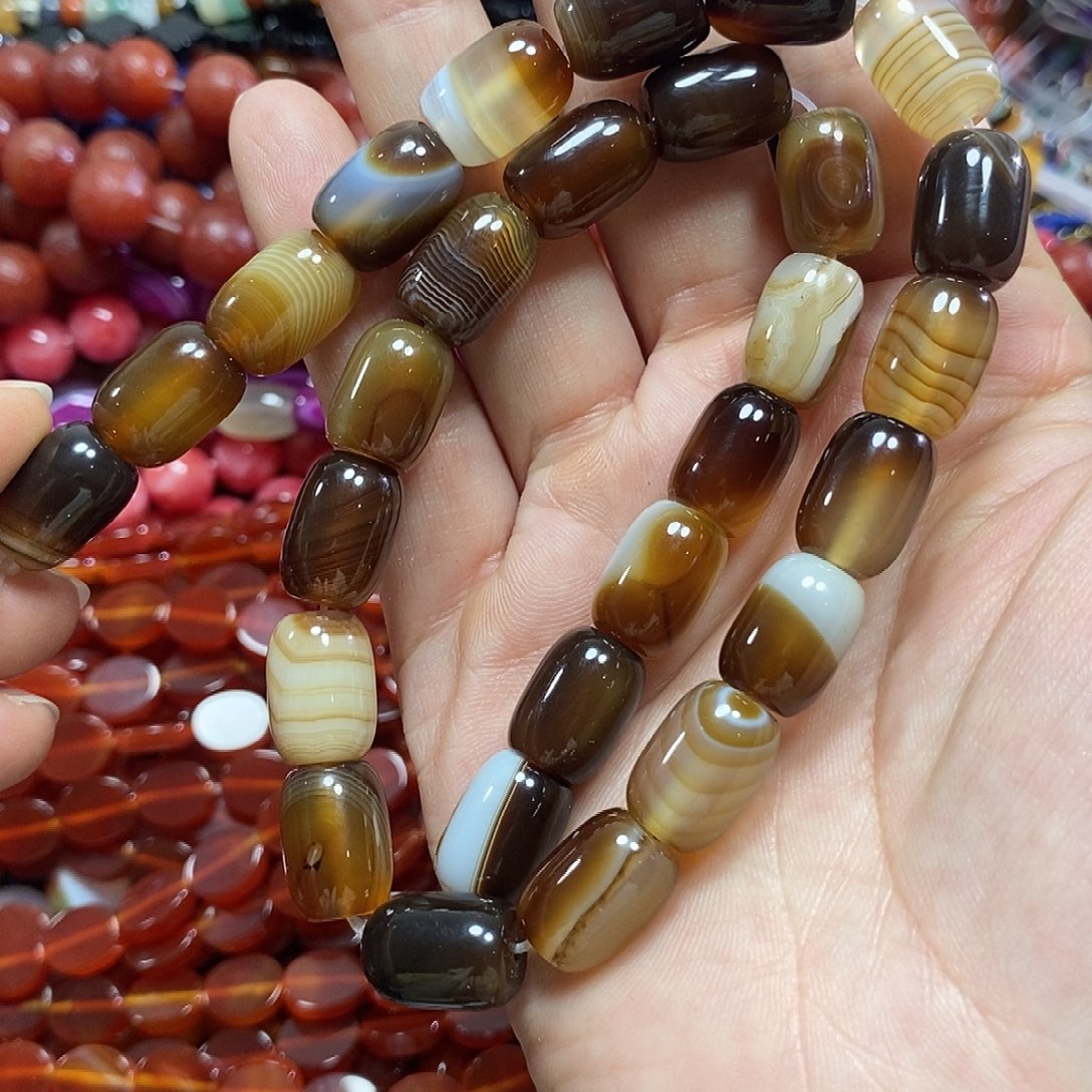 玛瑙/玉髓未镶嵌珠宝半成品咖色玛瑙桶珠一条卡10*14mm