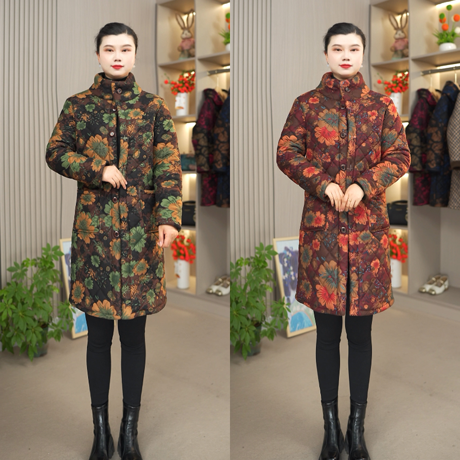 新款冬款棉衣中长款中老年妈妈装时尚减龄老年人立领大花棉袄