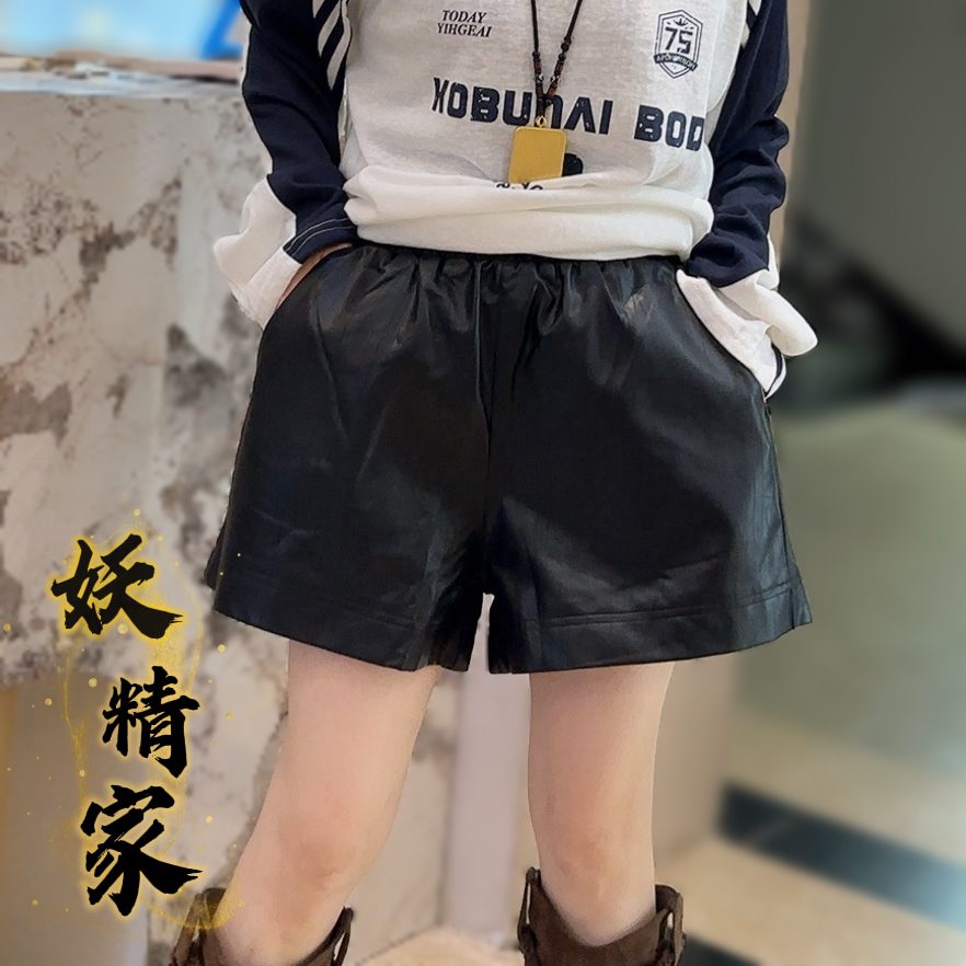 95255【妖精家】欧洲站PU皮松紧腰短裤女新款高腰显瘦休闲阔腿裤