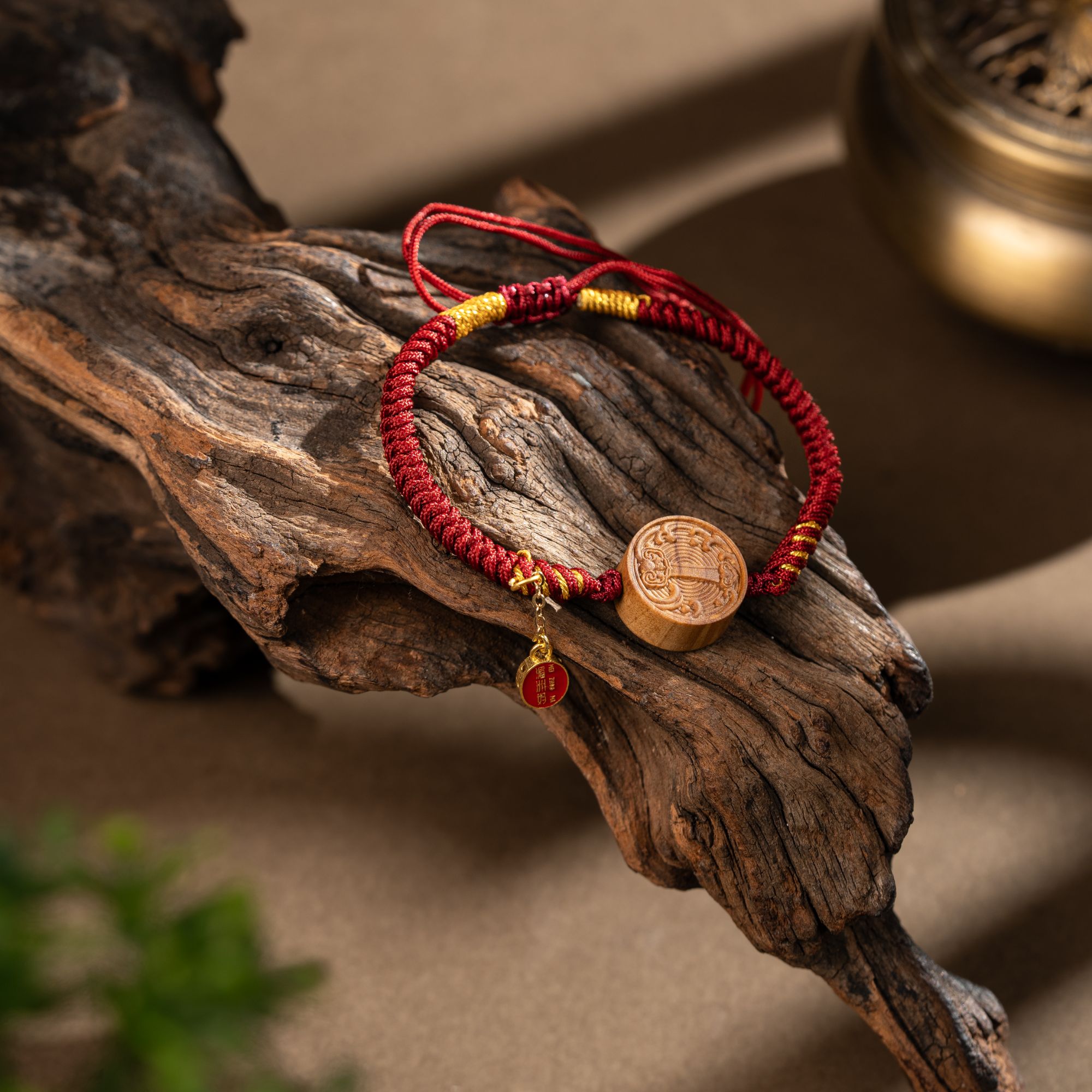 湄洲妈新中式老山檀如意红手绳单圈手链原创设计