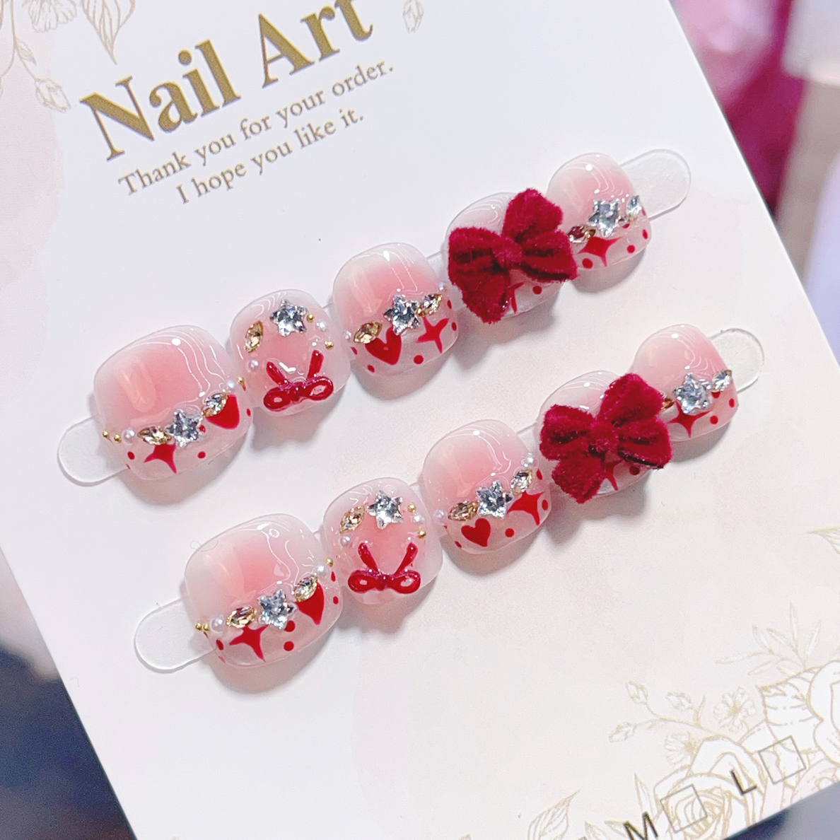 【桃喜纳福】女孩纯手工穿戴甲3-12岁法式猫眼小孩姐红色新年甜美甲