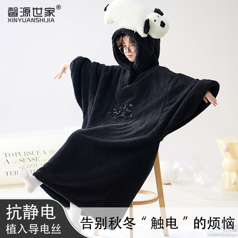 秋冬加绒加厚连帽睡衣裙大睡袍闺蜜款情侣款宽松睡袍女冬加厚加绒