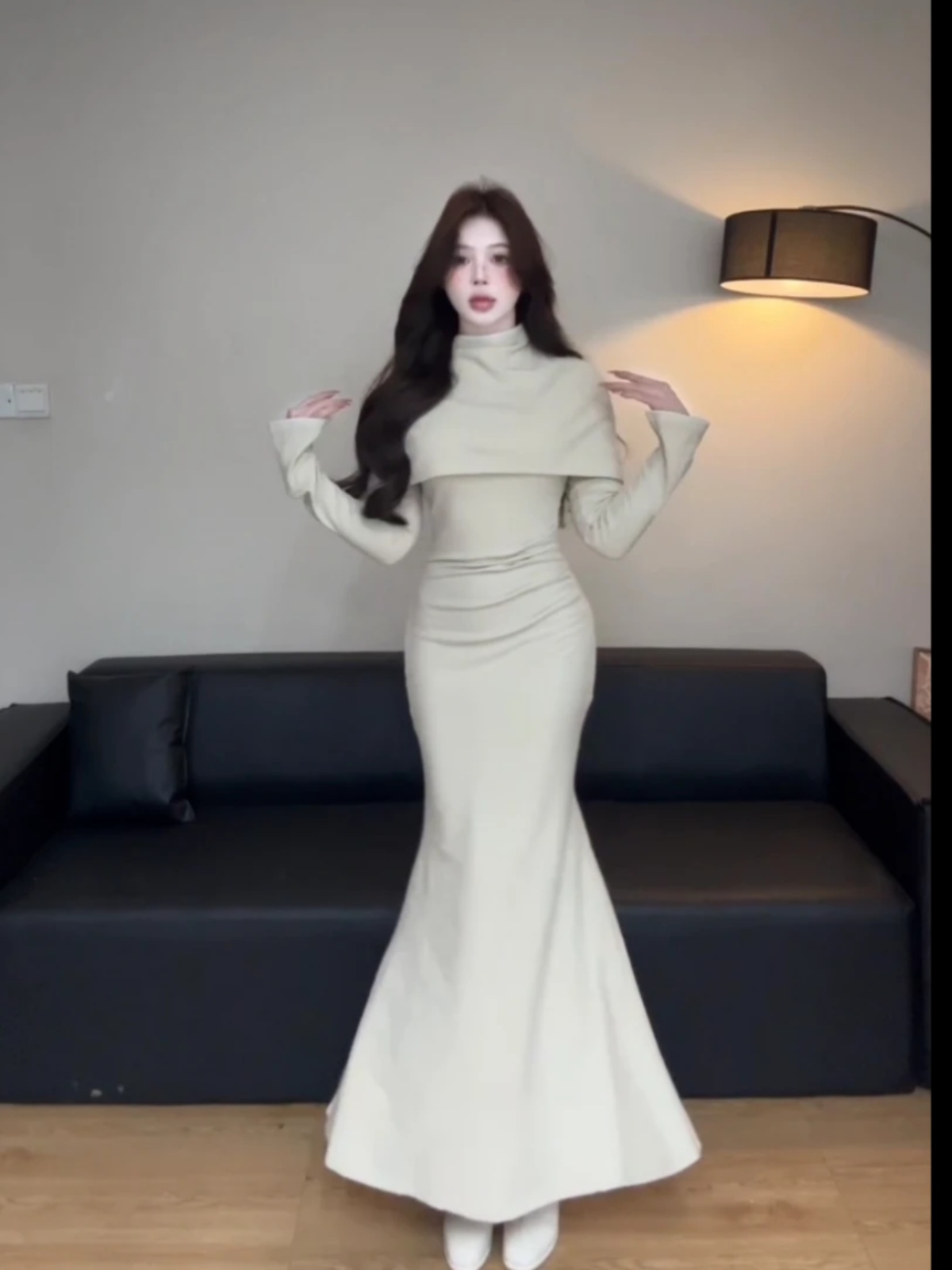 【可脱卸披肩】V领长袖针织连衣裙女褶皱收腰显瘦鱼尾裙