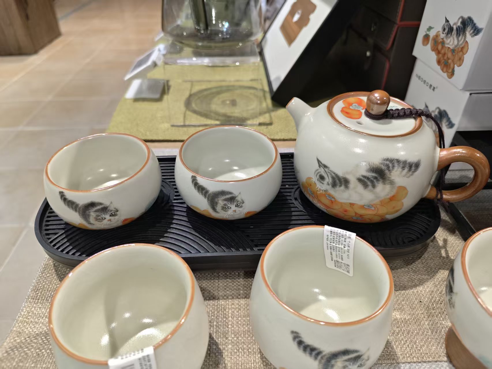 许昌超市小猫茶具套装冰裂纹材质陶瓷旅行便携式