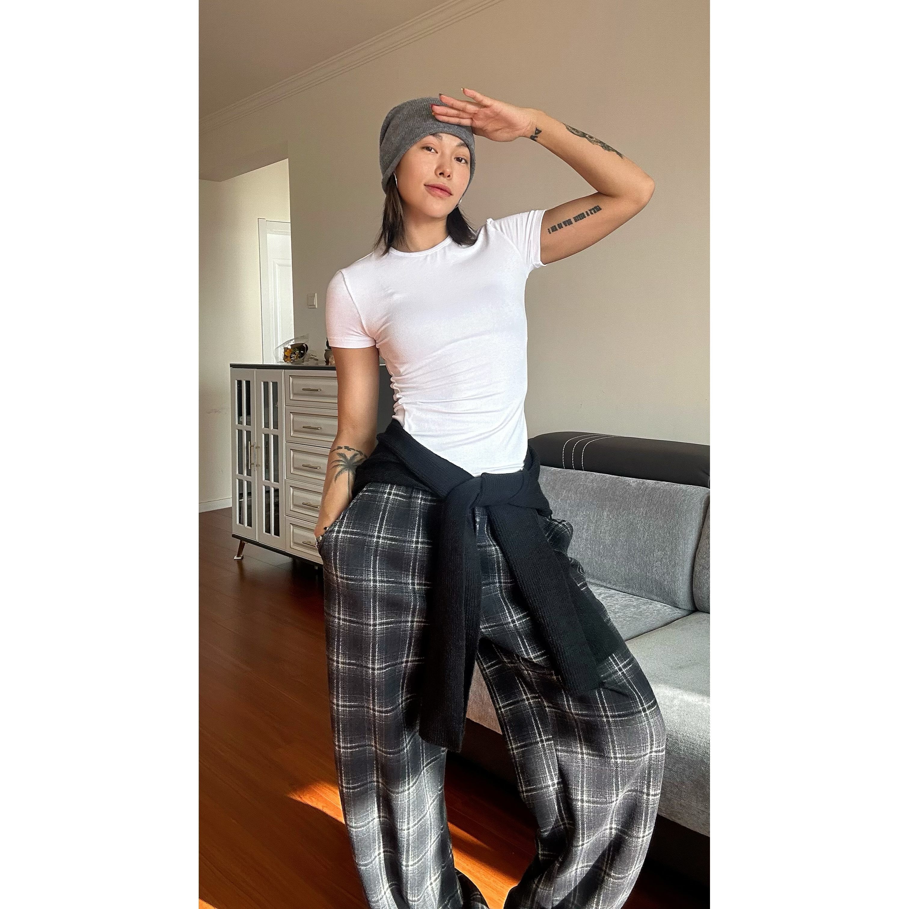 【木兰】基础修身显瘦纯色圆领夏季印花高腰格子舒适休闲T恤6118