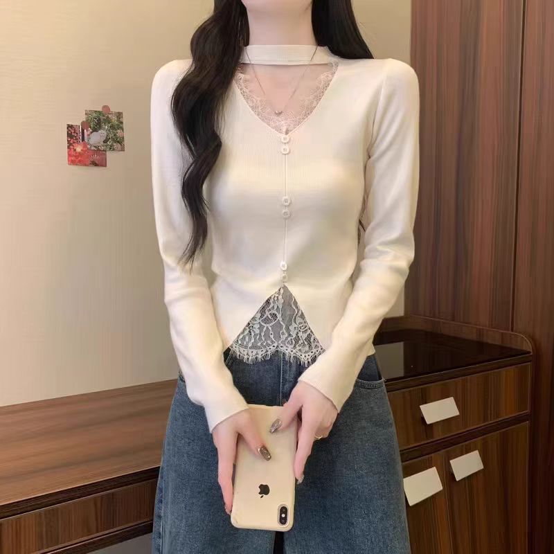 蕾丝拼接V领挂脖针织衫女秋冬打底衫显瘦气质百搭洋气修身