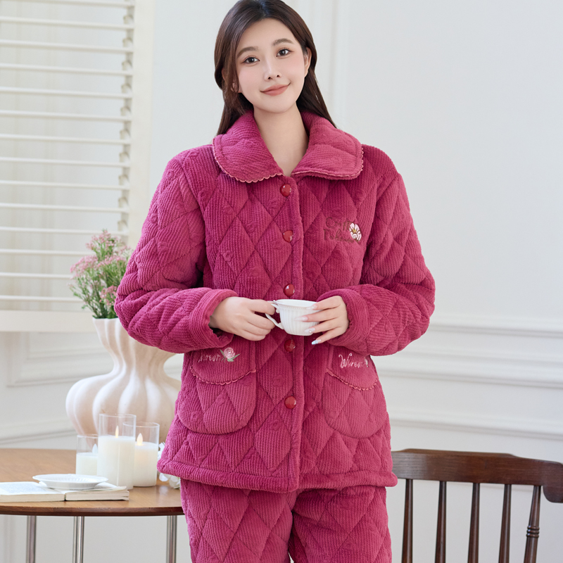 冬季女士睡衣珊瑚绒三层夹棉加厚加绒妈妈款套装保暖家居服966