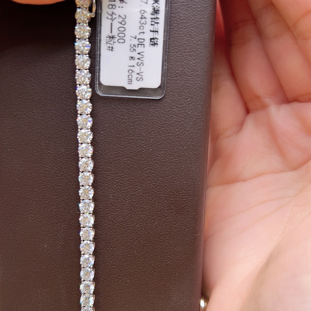 实验室培育钻石18K金镶嵌7.643ct K白满钻手链单颗约18分16cm