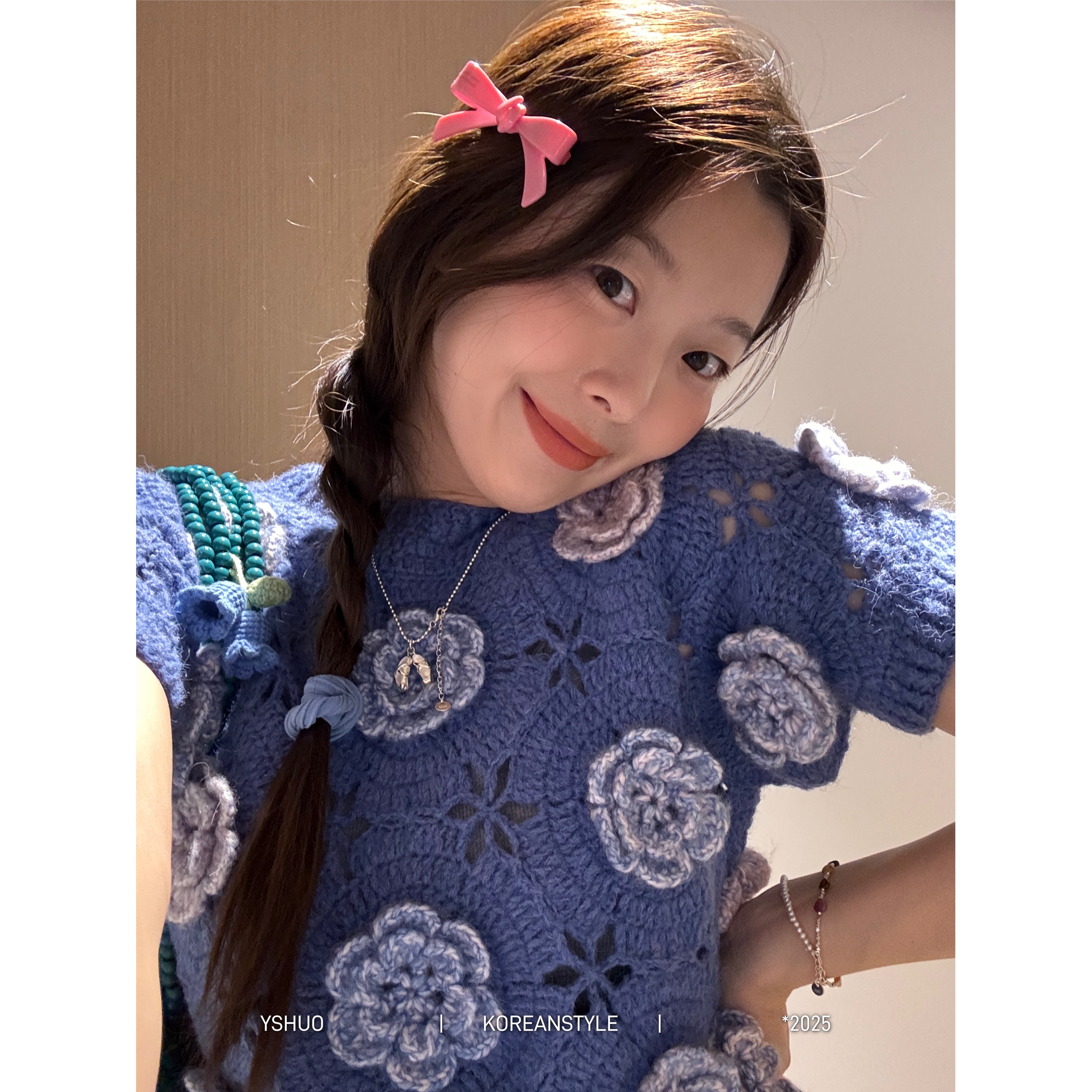 【夏季气息】时尚花朵镂空针织小香风正肩T修身上衣 25027