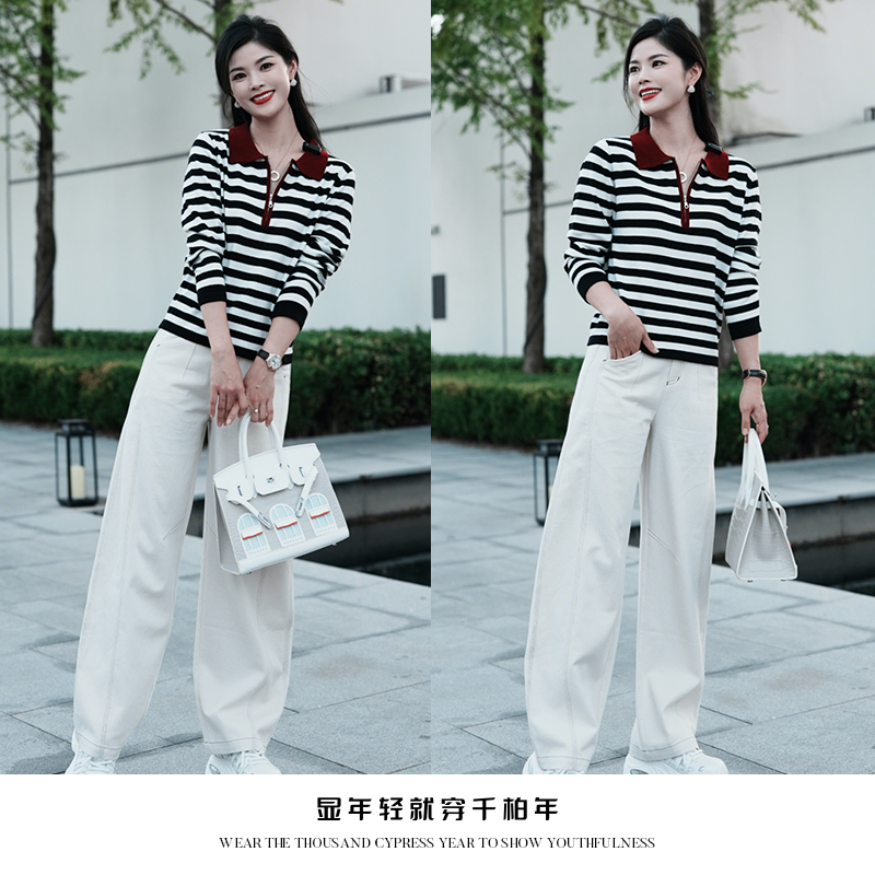 千柏年【经典永恒升级版】羊毛桑蚕丝撞色条纹减龄针织衫-C3514