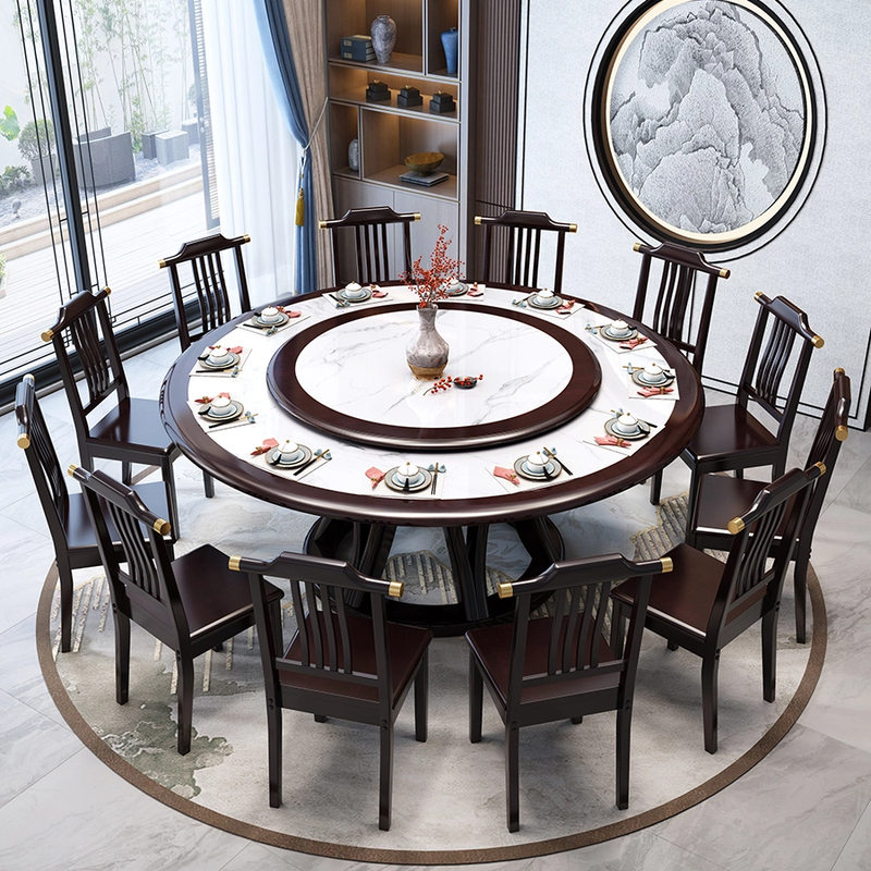 人字型餐桌椅2025高档家用圆台新中式实木餐桌岩板大圆桌带转盘