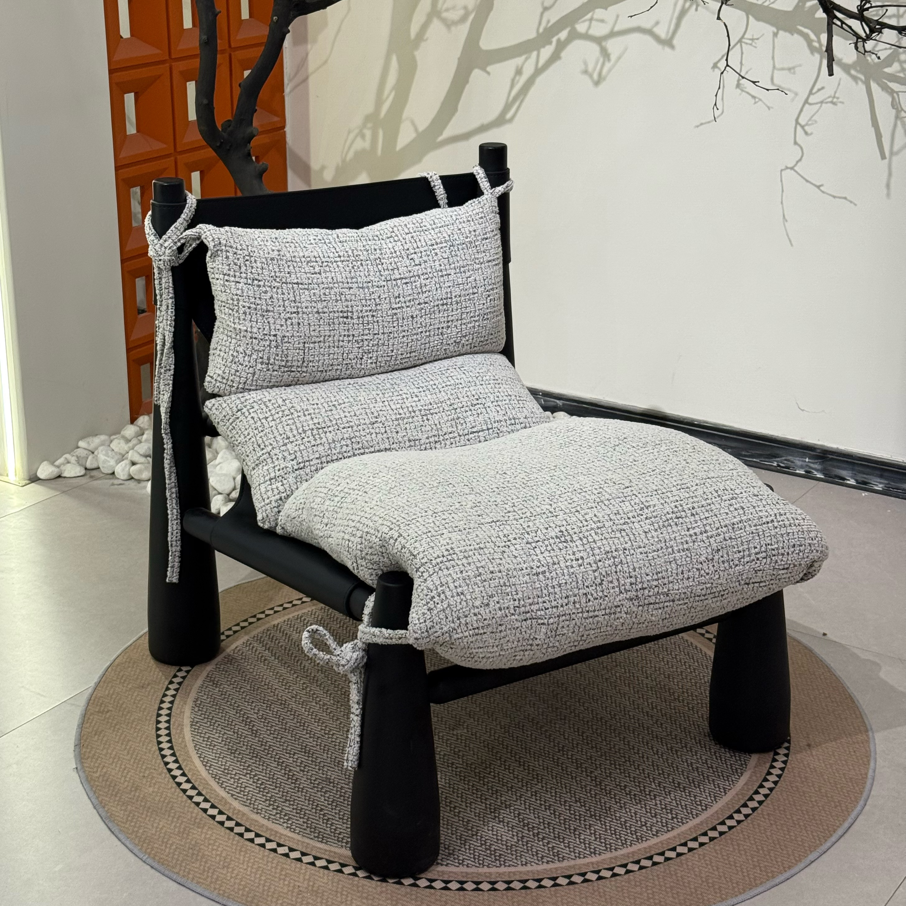 中古风实木设计师棒球椅家用客厅条纹布艺单人休闲椅氛围感沙发椅