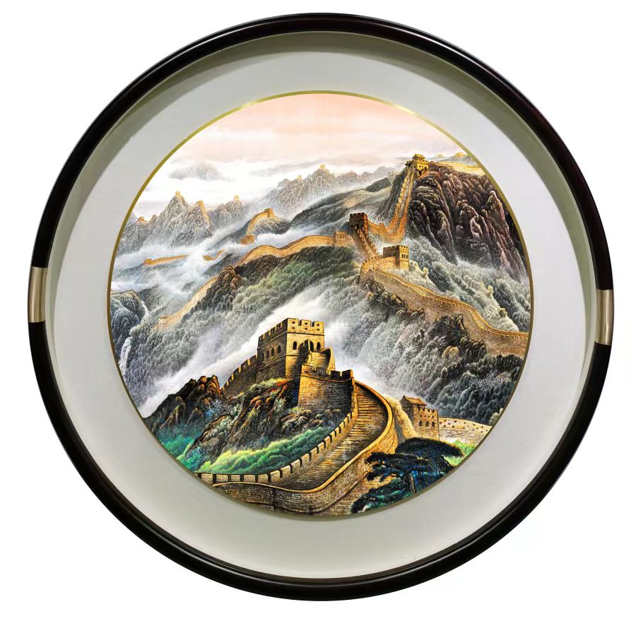 2024款铜板雕刻100直径圆行山水高端中式玄关装饰手工雕刻户挂画