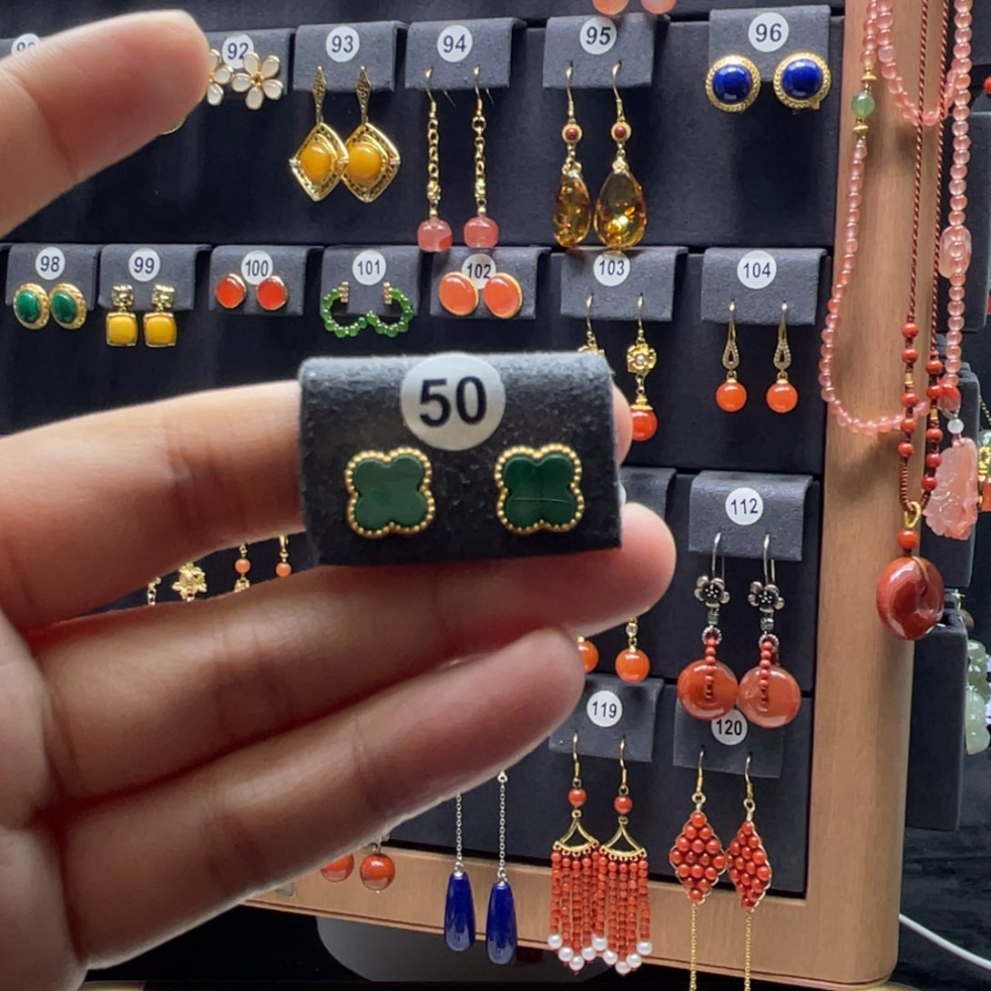 孔雀石银S925镶嵌耳饰50号