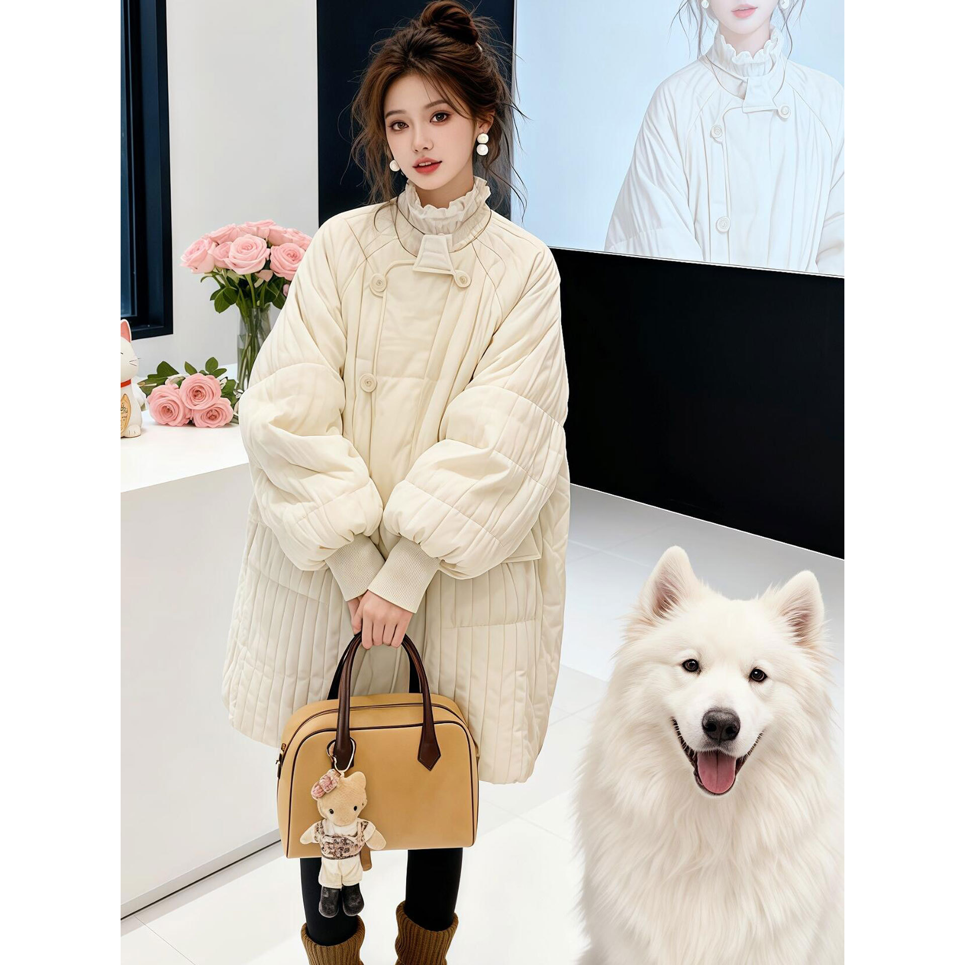 今年流行漂亮秋冬款韩版棉服女赫本风休闲中长款时尚减龄通勤外套