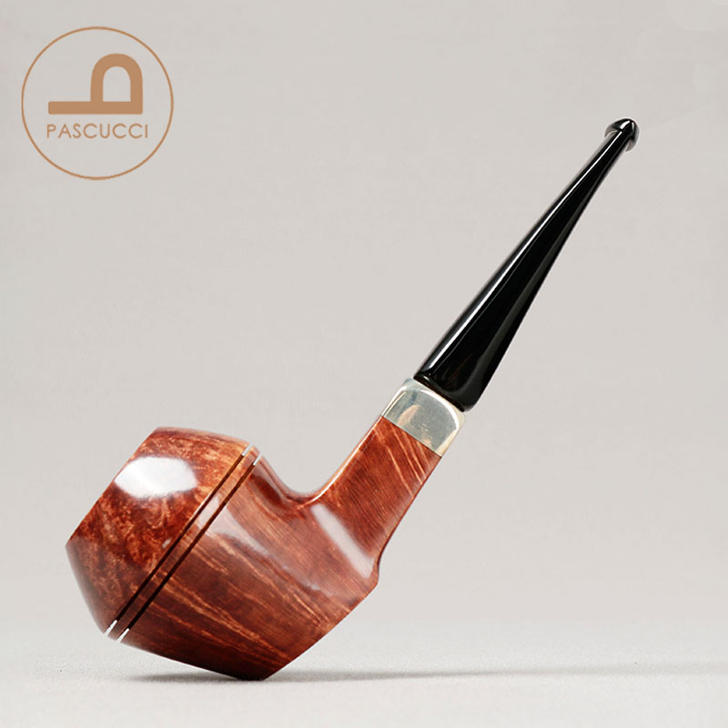 意大利帕斯库奇 深色光面双腰线牛头 P2 银圈 3mm 手工石楠木烟斗