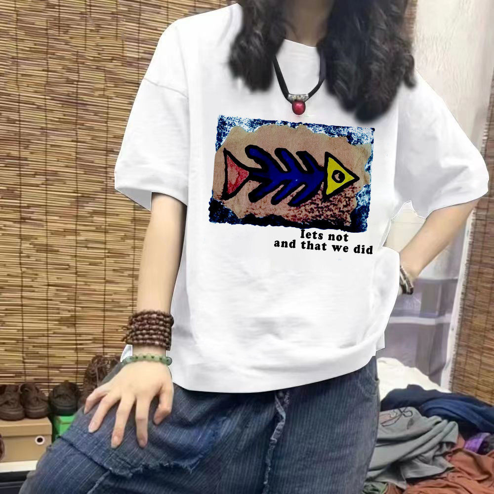 2023文艺印花简约卡通T恤女短袖夏季新款百搭宽松显瘦上衣服ins潮