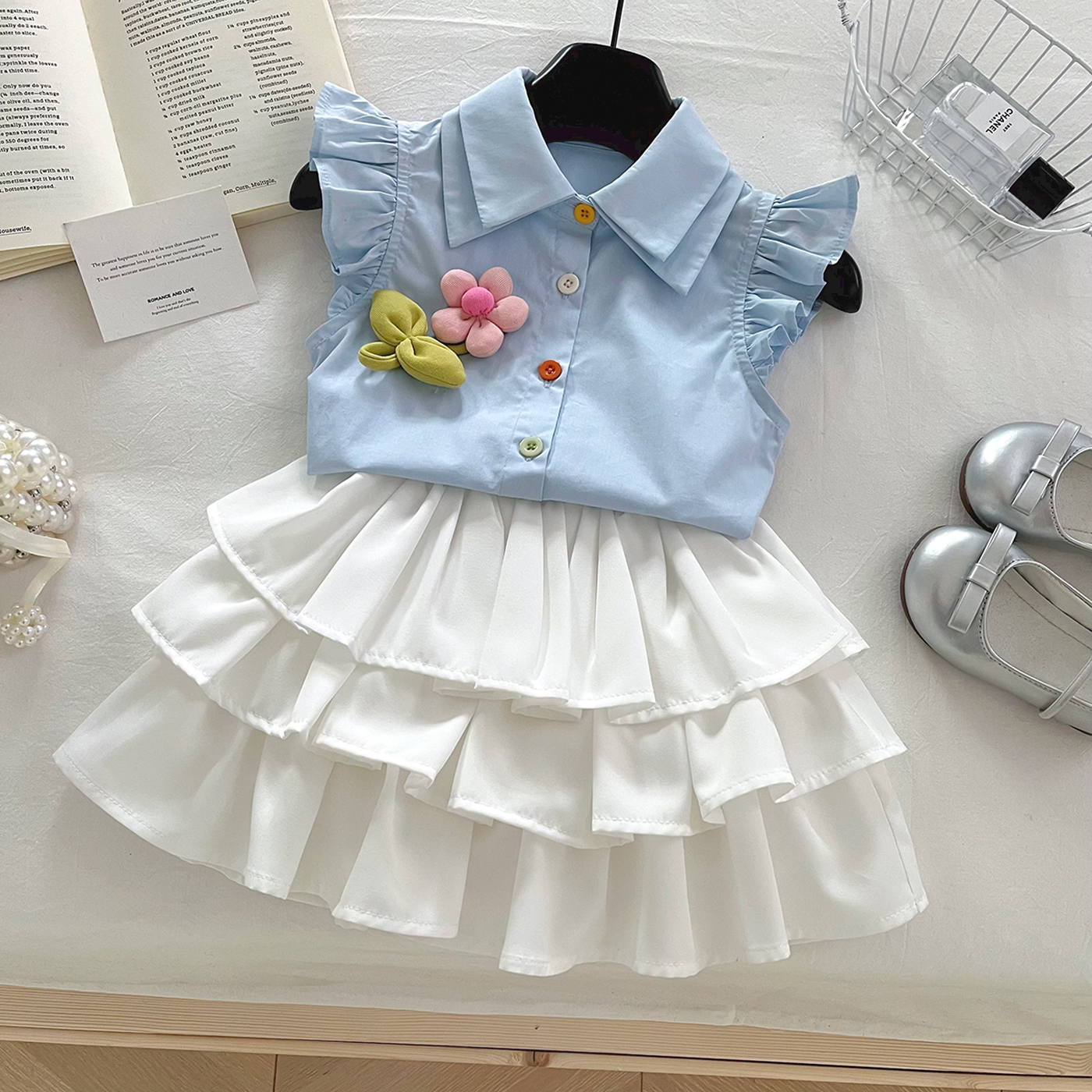 女童夏季高级套装蛋糕裙两件套衬衫裙子女孩洋气小童S17206