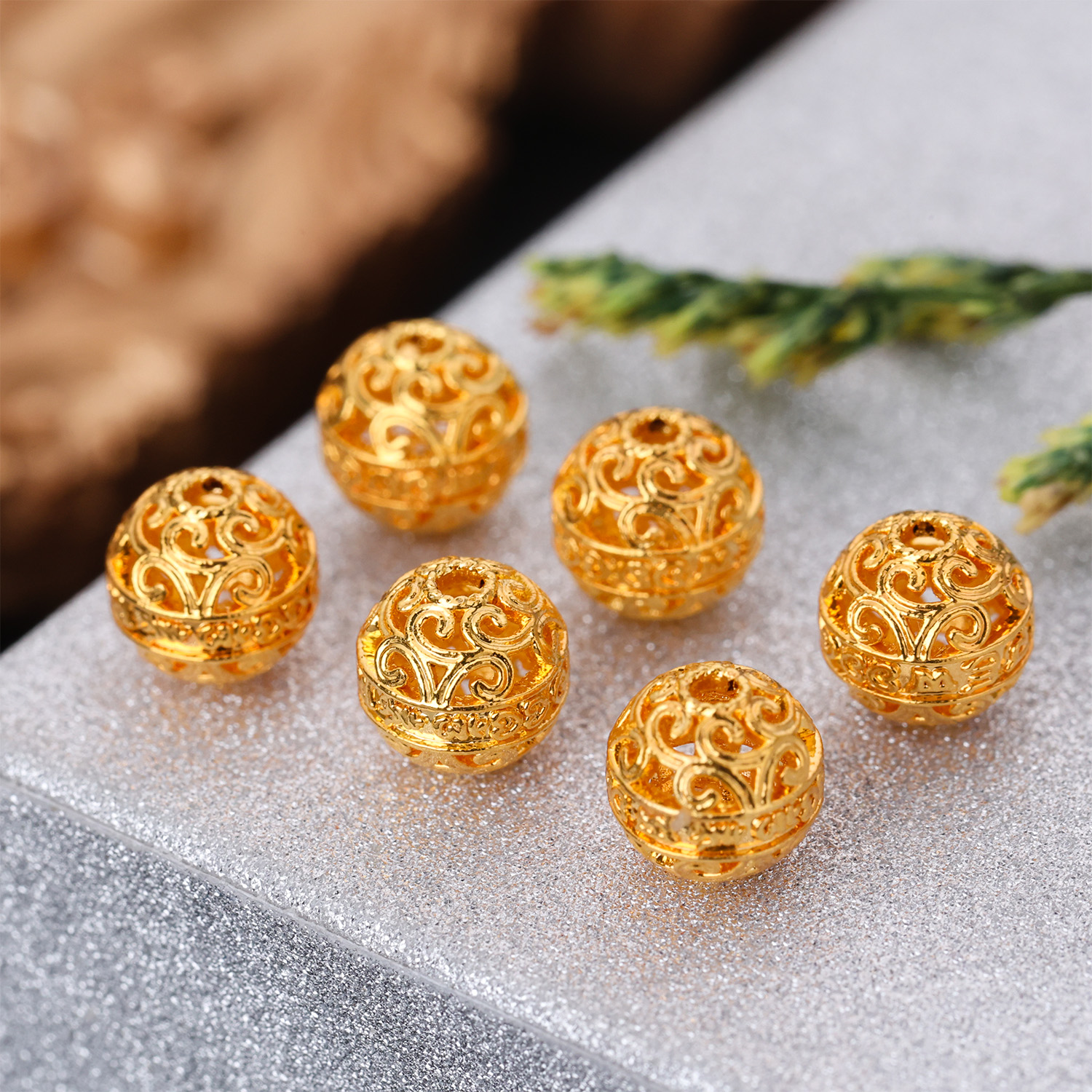 顺-风发货【来福工厂】18k金精工六字真言祥云6mm隔珠顶珠文玩配件