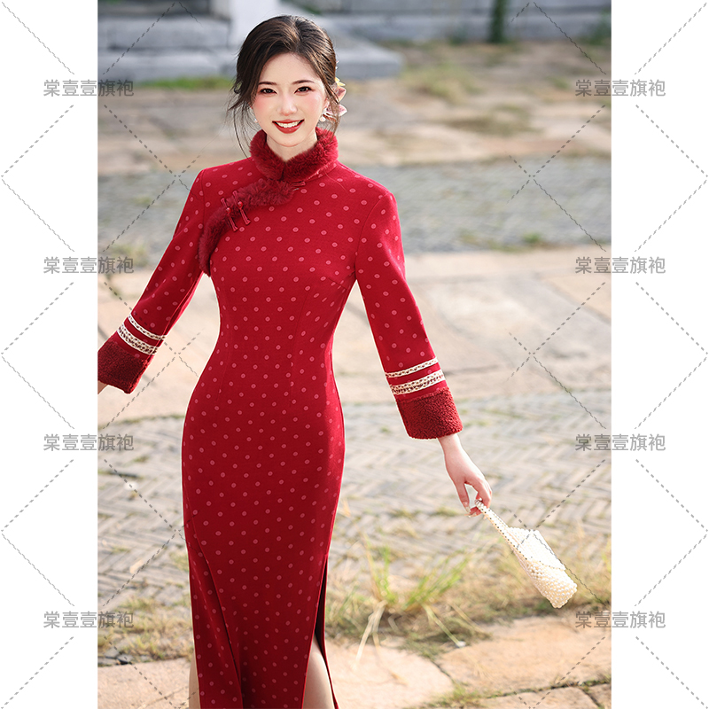 复古红色旗袍女气质中国风秋冬季长袖新中式年轻版敬酒服订婚礼服